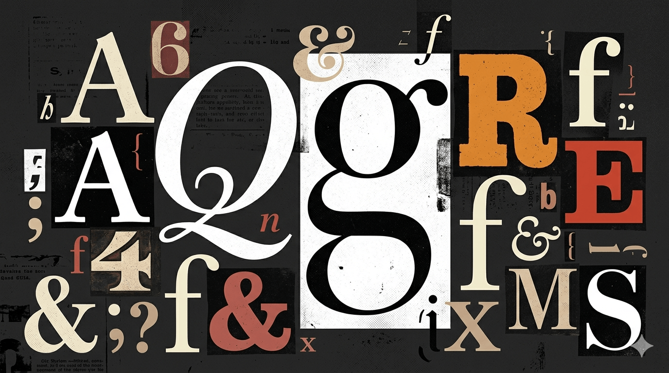 A creative collage of serif typography styles including Modern, Slab, and Old Style.