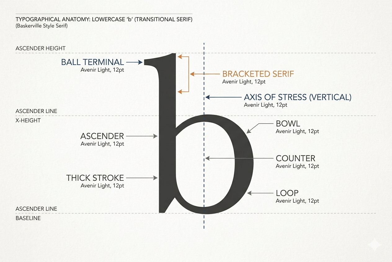 Technical diagram of serif font anatomy labeling the bracket, terminal, and stress axis.