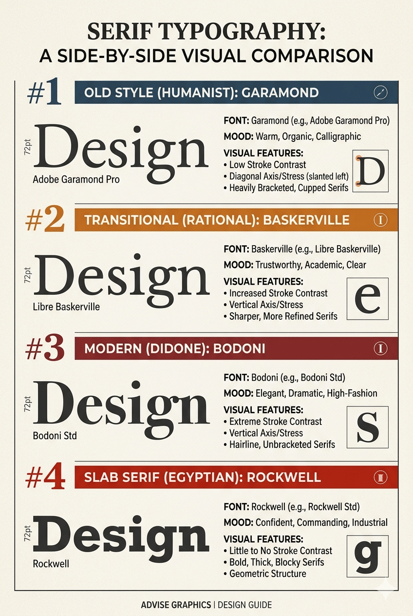 Visual comparison of the four main serif classifications: Old Style, Transitional, Modern, and Slab Serif.