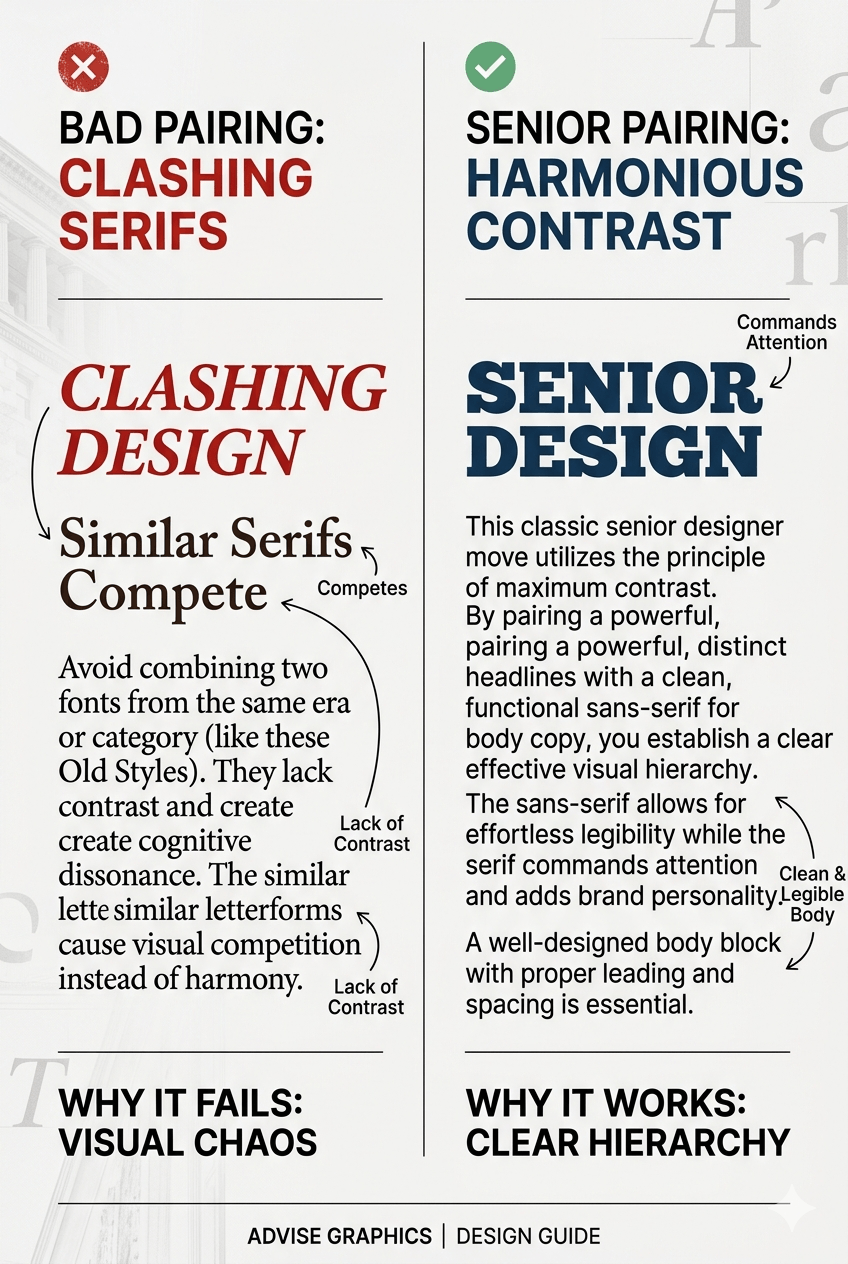 Example of professional font pairing using a bold serif headline and a minimalist sans-serif body font.