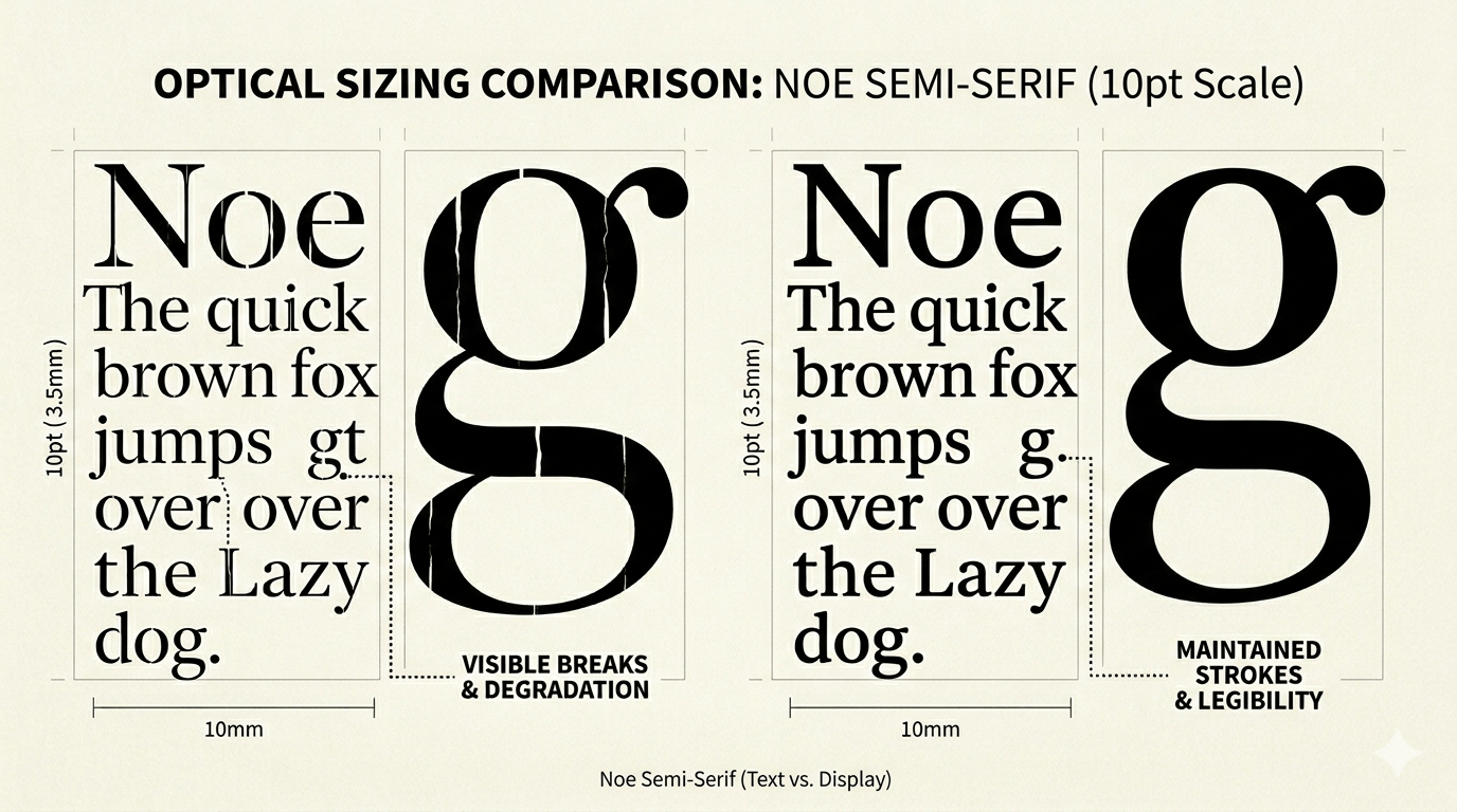 Comparison of optical sizing showing the difference between display serif and text serif versions.