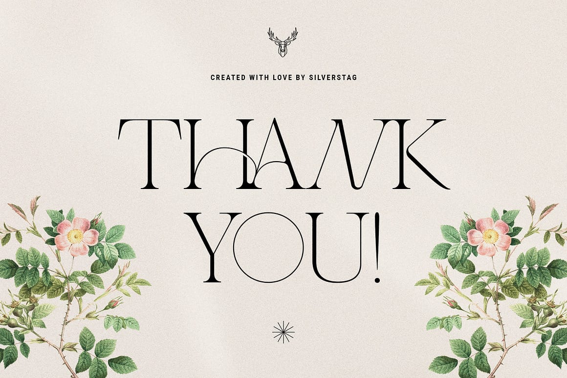 Minimalist botanical wedding stationery layout displaying the words "THANK YOU!" in a romantic, high-contrast serif display font flanked by vintage illustration wild rose bushes.  