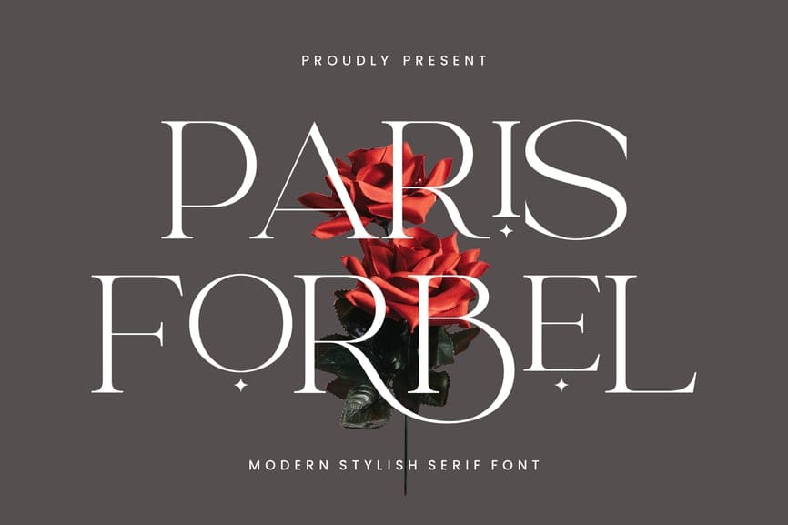 Paris Forbel modern stylish serif font presentation title featuring luxury white typography with subtle diamond-shaped decorative accents woven around two red roses on a dark charcoal background.