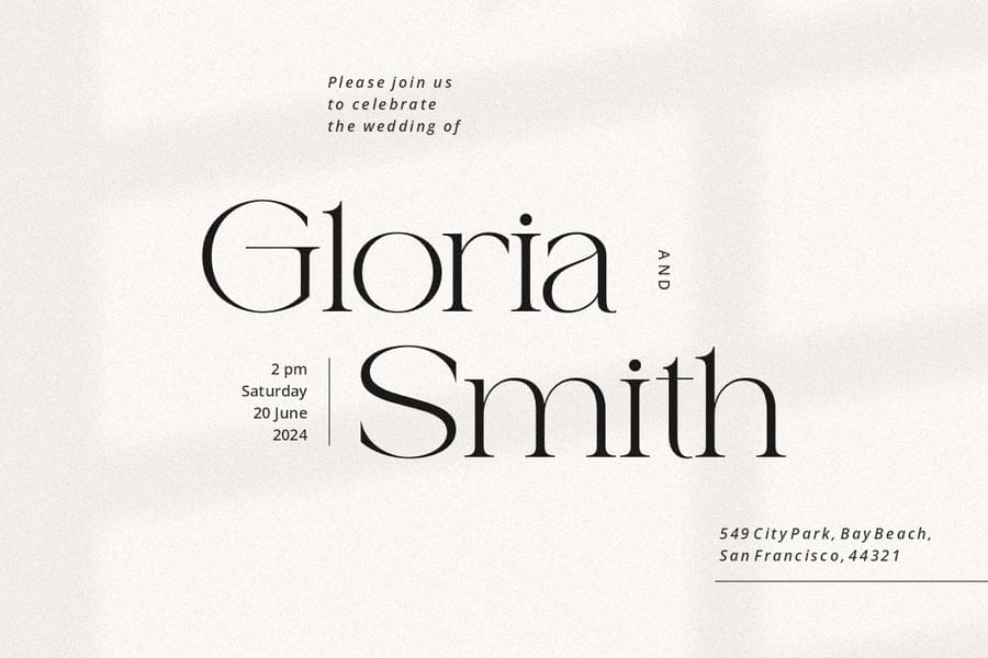 Minimalist modern wedding invitation mockup template featuring the names Gloria and Smith set in the elegant Paris Forbel display serif typeface with clean geometric sub-text.