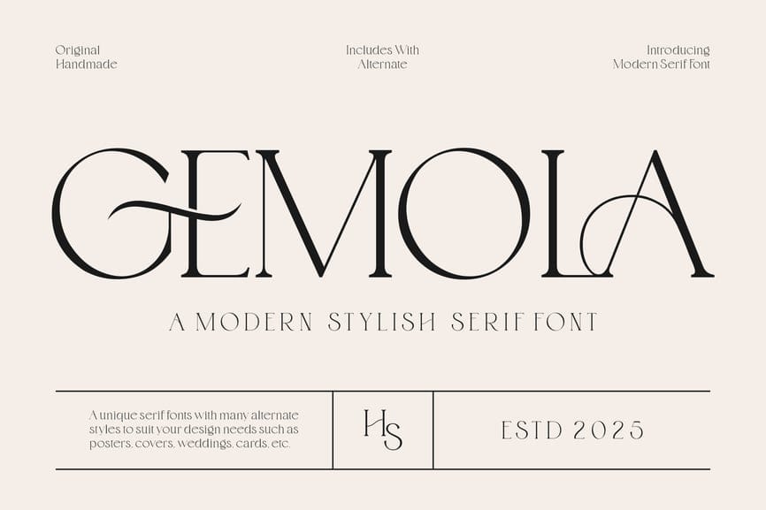 Gemola modern stylish serif font presentation title featuring fine-line elegant typography and unique geometric alternate letterforms on a minimalist cream background.
