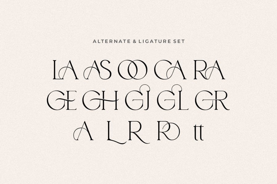 Gemola typeface alternate and ligature design specimen sheet showing decorative connected uppercase glyph combinations including LA, CO, CA, and RA on a textured off-white background.