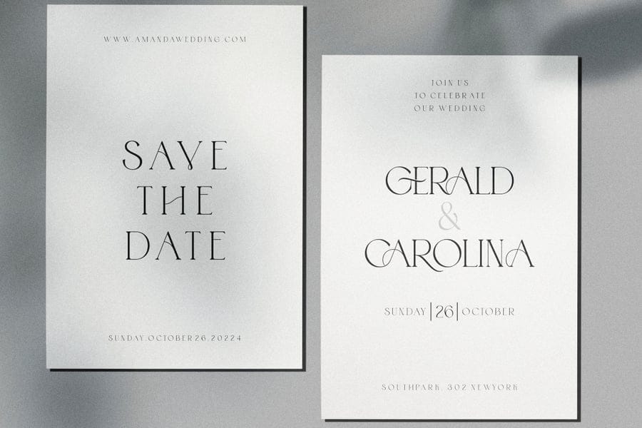 Elegant wedding invitation suite mockup showing a "Save the Date" card and invitation for Gerald and Carolina designed with the high-end Gemola serif font under soft organic leaf shadows.