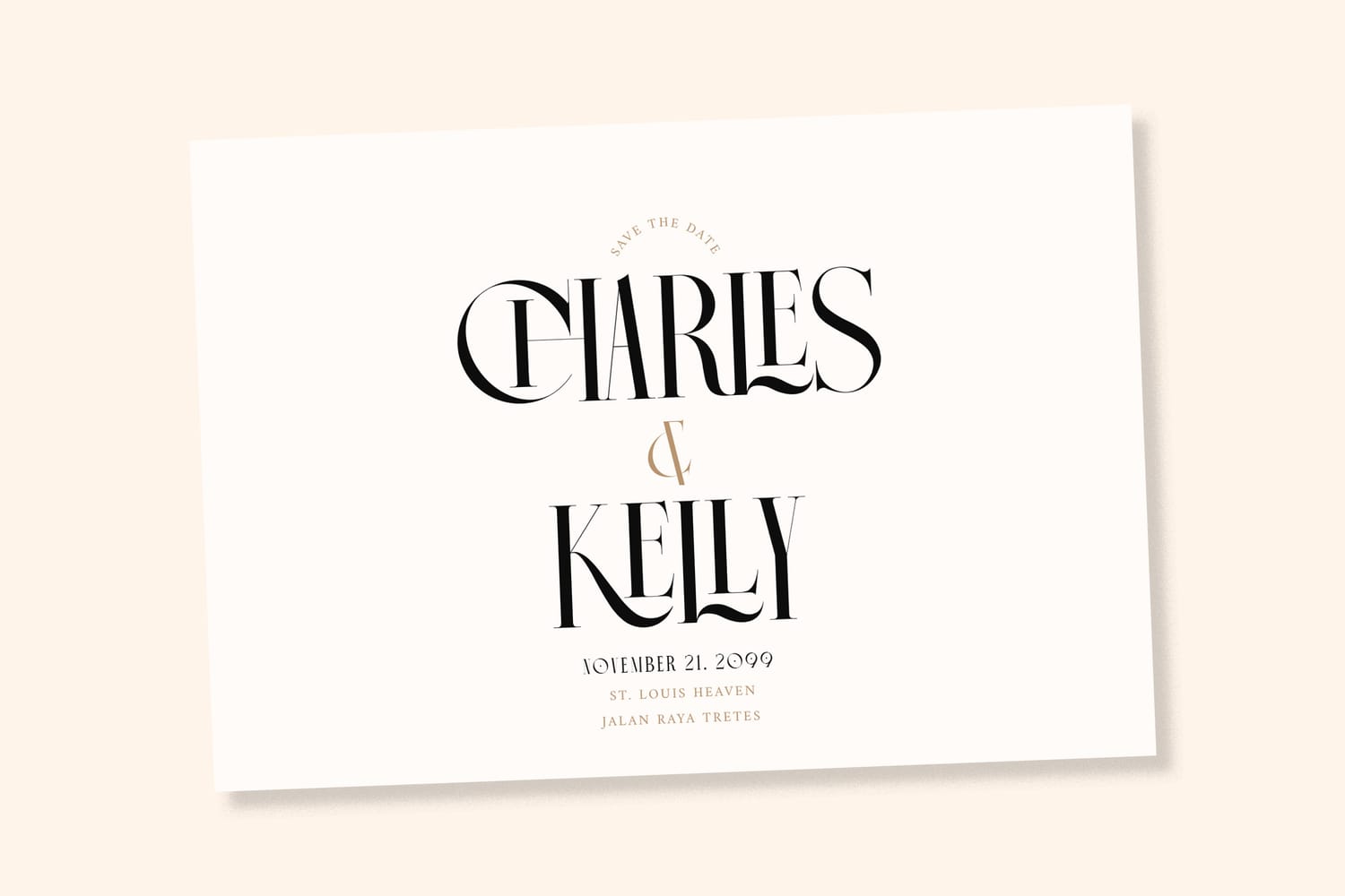 Elegant horizontal Save the Date card mockup for Charles and Kelly featuring sophisticated branding layouts designed with the decorative Chrome display serif typeface.