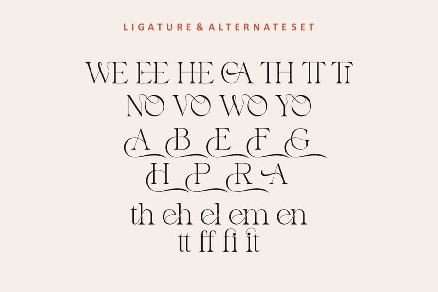Notica Serif font design specimen sheet displaying its complete library of creative uppercase ligatures, lower-case loops, and fluid typographic alternate characters on a clean ivory background.