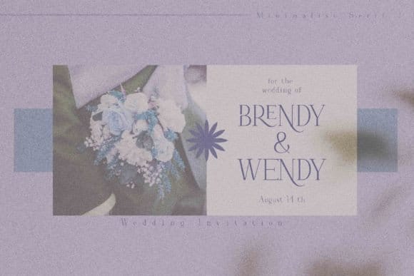 Minimalist textured purple wedding invitation mockup layout for Brendy and Wendy featuring romantic serif typography next to a soft floral bouquet image.