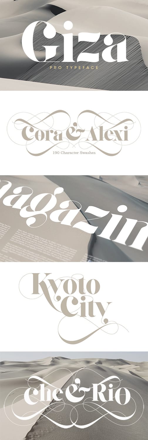 Giza Pro Typeface promotional layout showcasing a heavy, high-contrast display serif font. The graphic features multiple design examples including magazine editorial layouts and elegant names like "Cora & Alexi" and "Kyoto City" adorned with sweeping, intricate character swashes, all set against minimalist desert sand dune backgrounds.