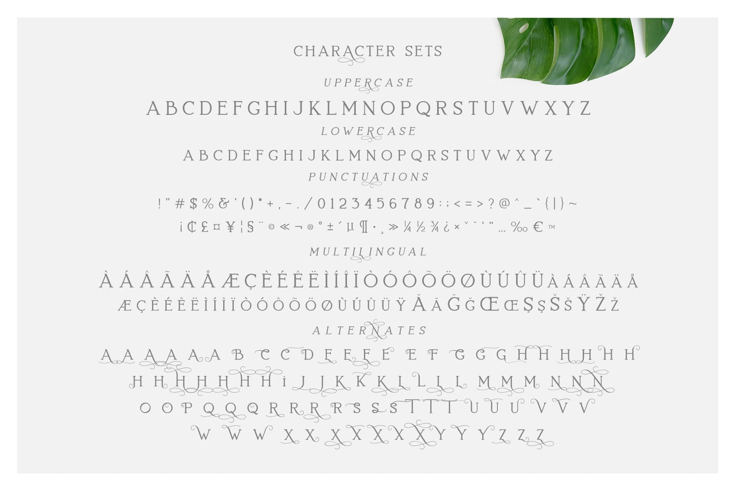Full character set specimen sheet for the Lovelyn serif font displaying uppercase, lowercase, punctuation, multilingual glyphs, and decorative script alternates.