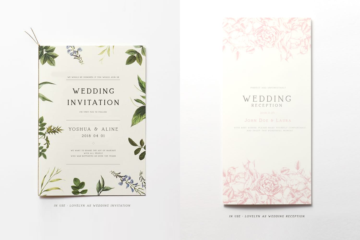 Wedding stationery template mockup demonstrating the Lovelyn serif font in use on a botanical wedding invitation for Yoshua and Aline and a pink floral reception card.