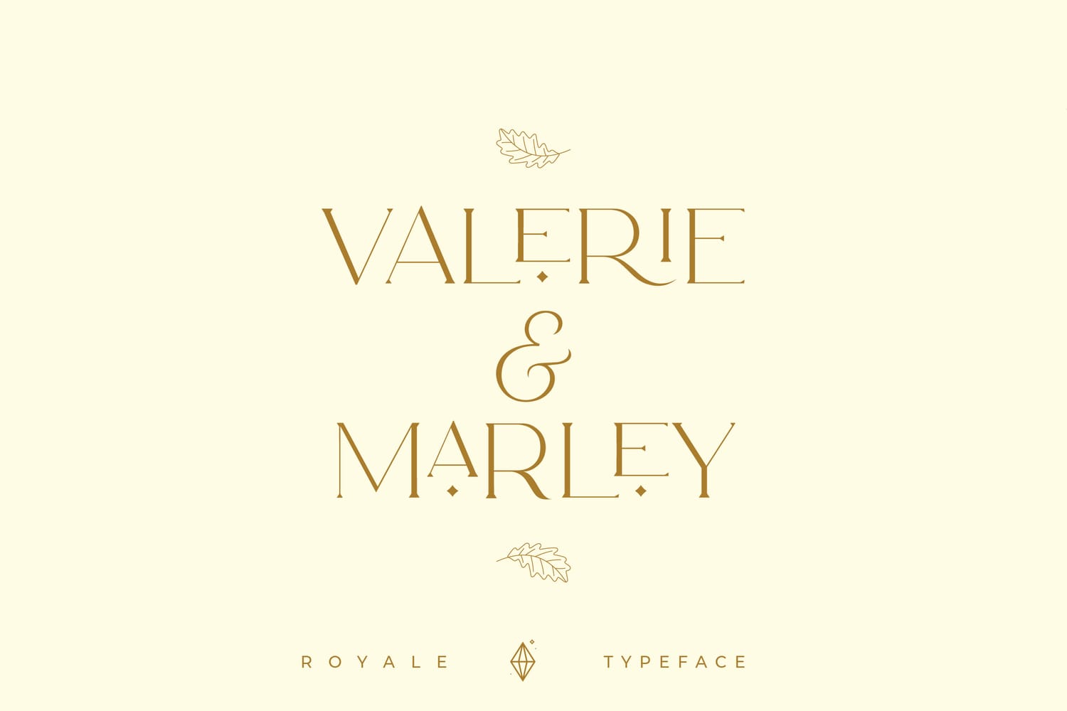 Elegant minimalist wedding typography mockup for Valerie and Marley using the elegant Royale display serif font accompanied by subtle line-art oak leaf graphics.