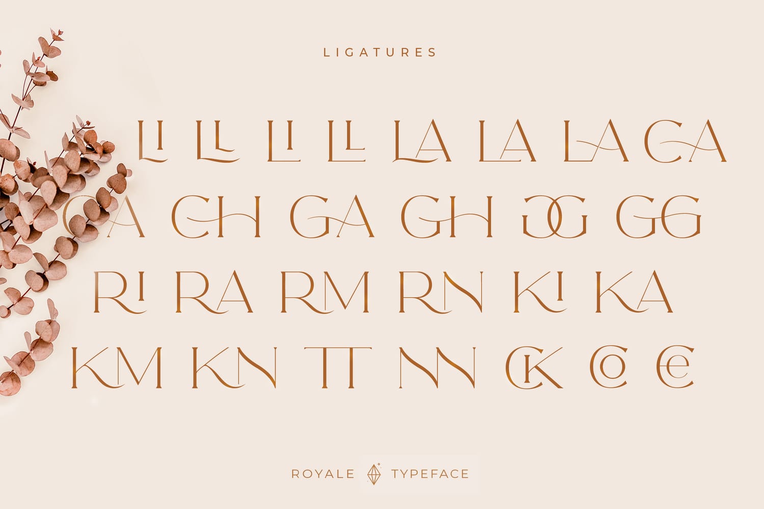 Royale typeface typographic specimen sheet detailing its creative ligatures and unique interlocking letter combinations like LA, CH, and GG on a clean cream-colored background.
