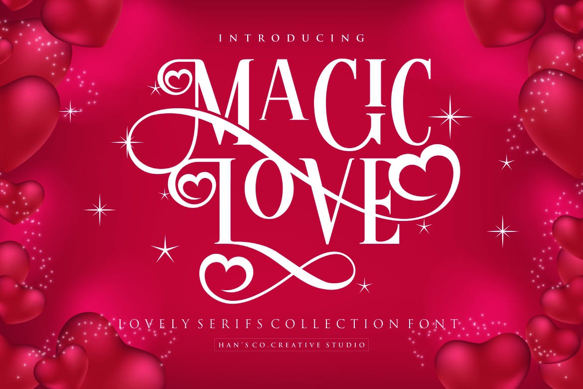 Magic Love romantic serif display font cover title from the Lovely Serifs Collection by Han's Co. Creative Studio, featuring elegant white lettering with heart-shaped swashes on a vibrant red background framed by 3D hearts.