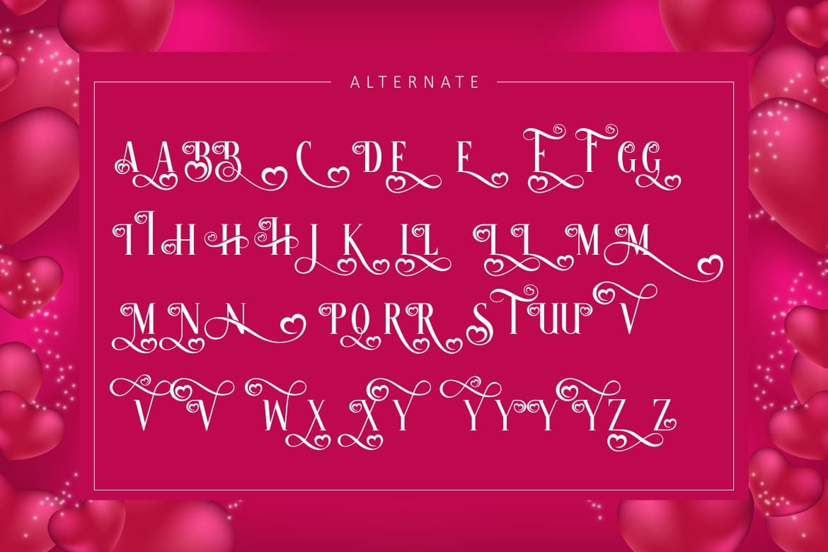 Decorative character specimen sheet for Magic Love font showing uppercase and lowercase alphabet alternate glyphs integrated with romantic heart swashes on a pink background.