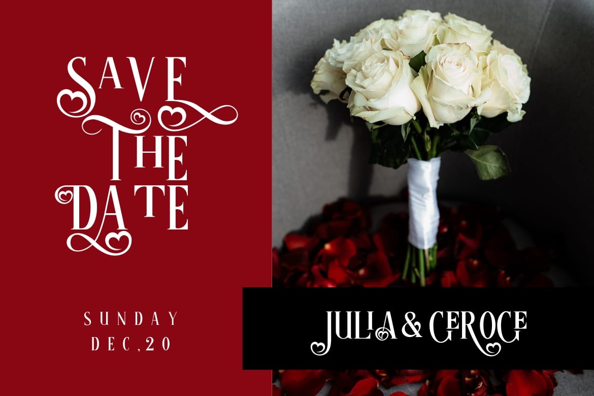 Save the Date wedding invitation layout mockup using Magic Love typography for Julia and Geroge, presented alongside a bouquet of white roses sitting on red flower petals.