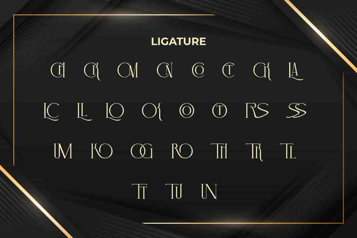 Typographic ligature specimen sheet for the Black Champ display font displaying unique interlocking golden letter combinations on a dark background with geometric gold accent lines.