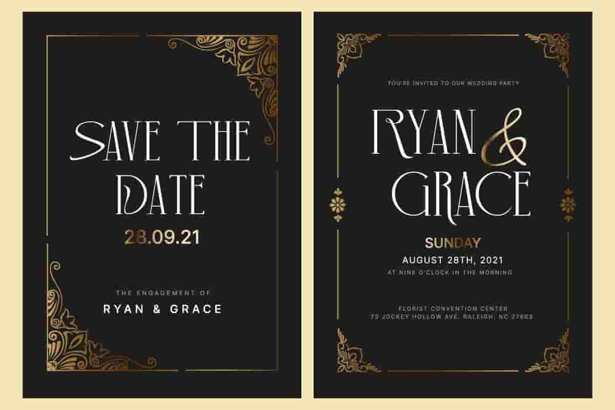 Elegant dark grey and gold wedding stationery mockup showing a Save the Date card and party invitation for Ryan and Grace using the Black Champ typography set.