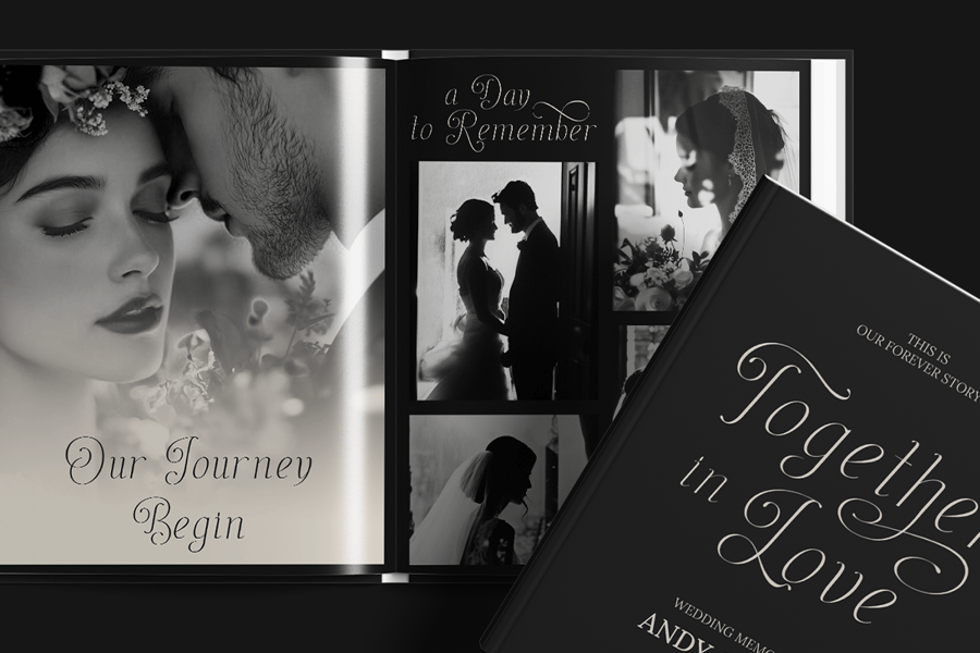 Open wedding photography memory book and cover showcasing layout designs with elegant script typography titles including Together in Love and Our Journey Begin.