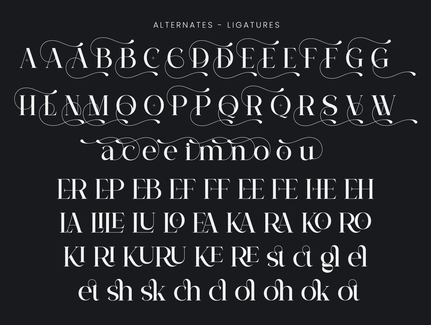 Typographic character map for Veloria font showcasing uppercase and lowercase alternate glyphs with decorative swashes and unique ligatures on a dark grey background.