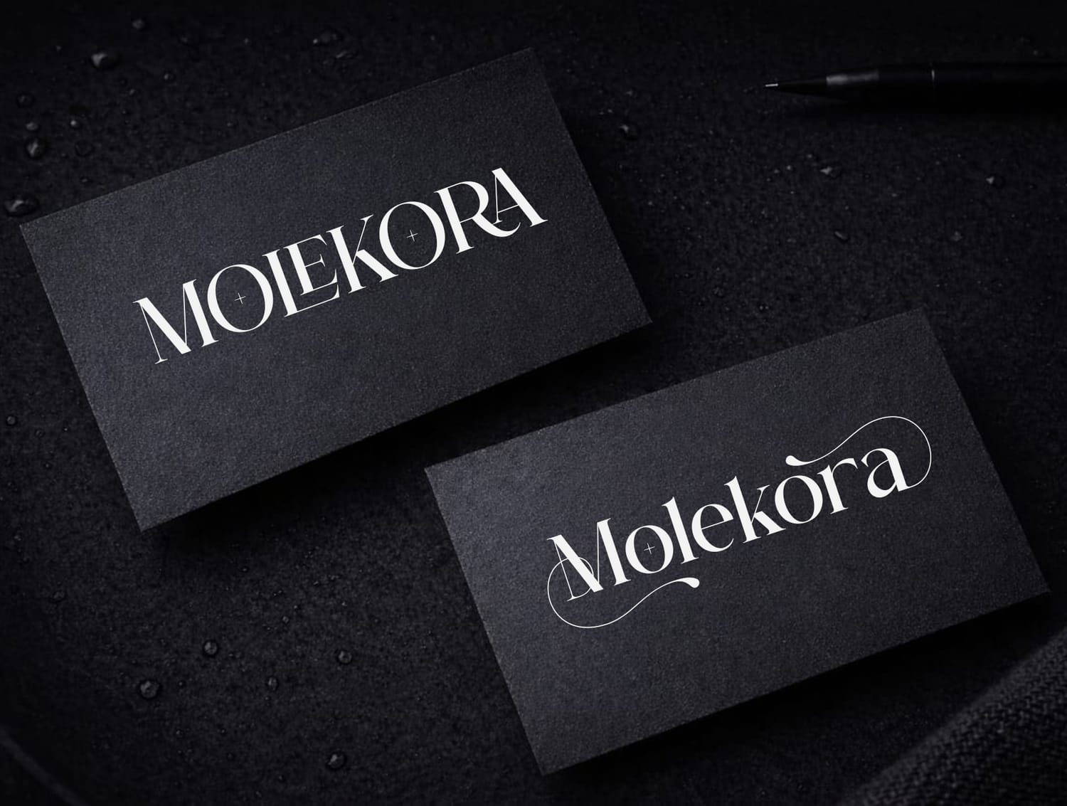 Minimalist luxury corporate branding mockup featuring two black business cards showing the Molekora logo in both all-caps and title-case elegant serif typography.