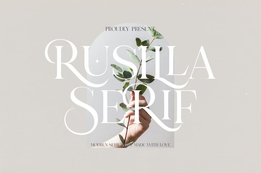 Rusilla Serif font main cover banner featuring elegant white title typography over an image of a hand holding a green eucalyptus branch inside a soft archway.