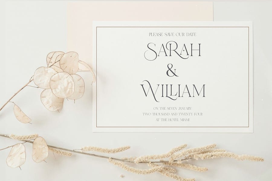 Minimalist Save the Date wedding invitation template for Sarah and William using the elegant Rusilla display font, styled next to dried botanical branches.