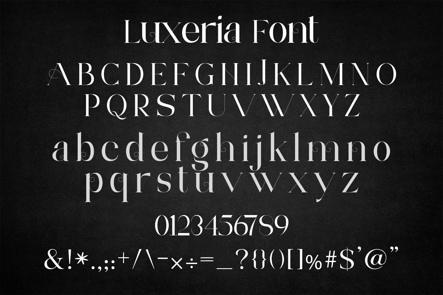 Complete typographic character map for the Luxeria font showing uppercase and lowercase letters, numbers, and punctuation glyphs with delicate loop swashes on a dark textured background.
