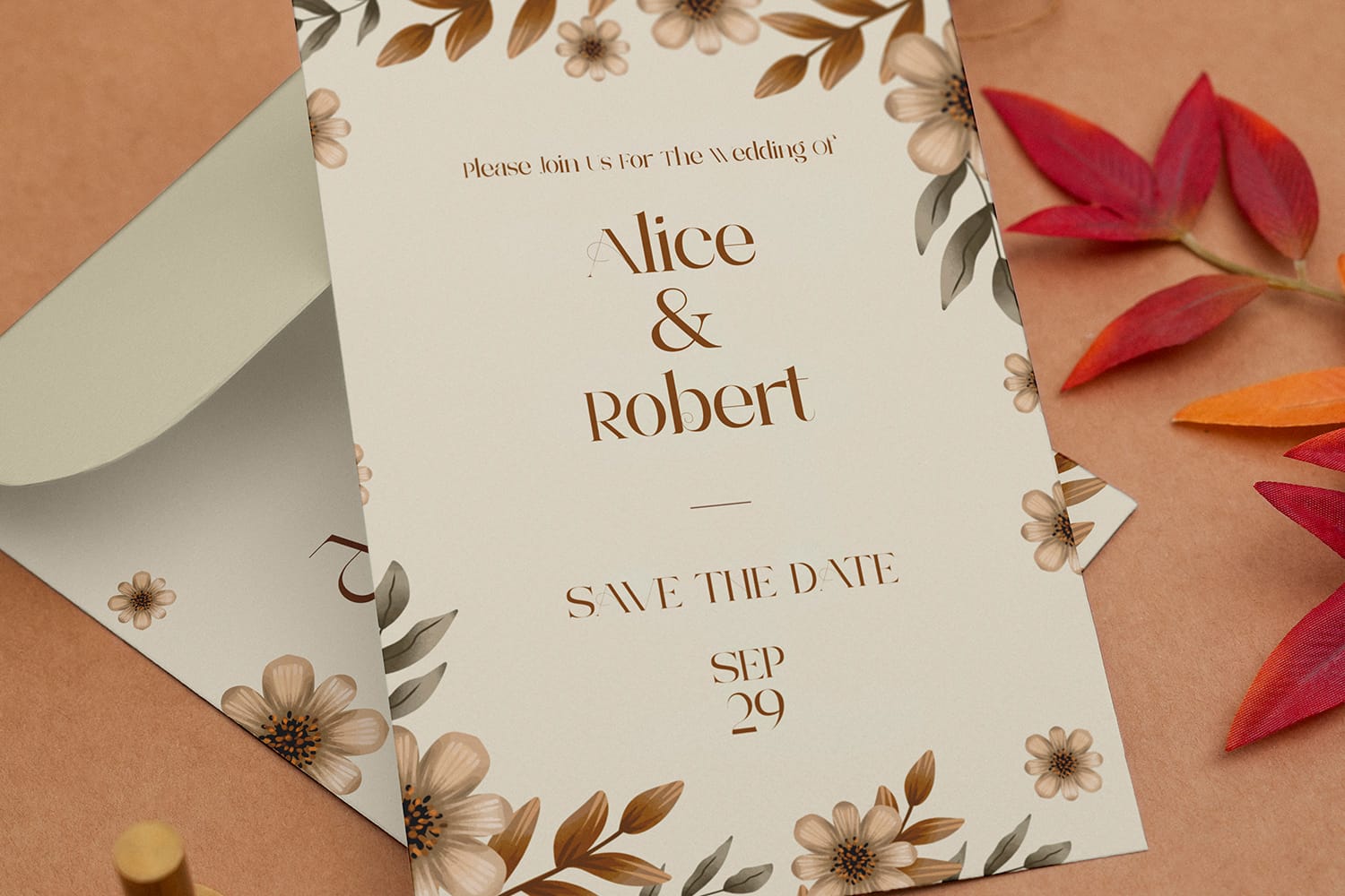 Beautiful wedding stationery mockup featuring a Save the Date card for Alice and Robert styled with warm brown watercolor flowers, an open envelope, and autumn leaves.
