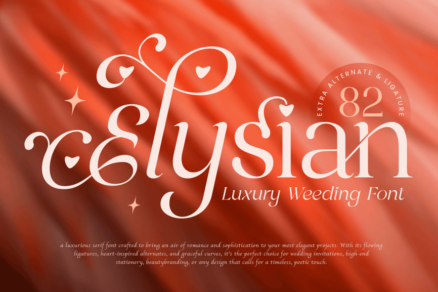 Main cover banner for the Elysian luxury wedding font featuring elegant white display typography with heart-shaped letter swashes over a warm orange silk background.