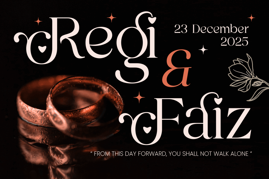 Elysian luxury wedding serif font presentation banner showcasing the names Regi and Faiz with romantic heart-shaped swashes next to two gold wedding rings on a dark reflective background.