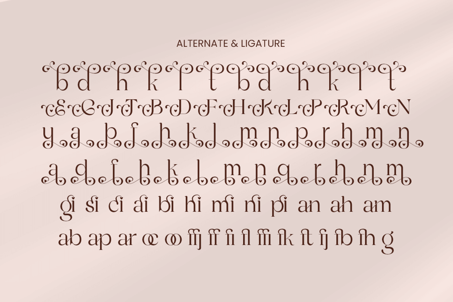 Detailed glyph specimen sheet for the Elysian font displaying extra alternates with decorative loops, tiny heart details, and elegant ligature combinations.