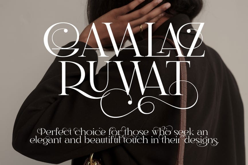 Cavalaz Ruwat elegant display serif font presentation banner featuring bold white typography over a model wearing a black blazer.