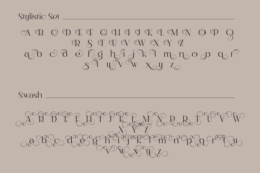 Typographic character map for the Cavalaz Ruwat font displaying uppercase and lowercase stylistic sets and decorative loop swashes on a muted taupe background.