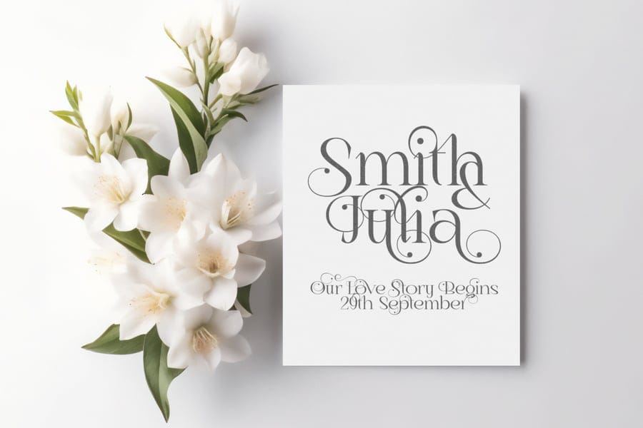 Minimalist square wedding invitation mockup for Smith and Julia featuring elegant swash typography styled next to delicate white jasmine blossoms.
