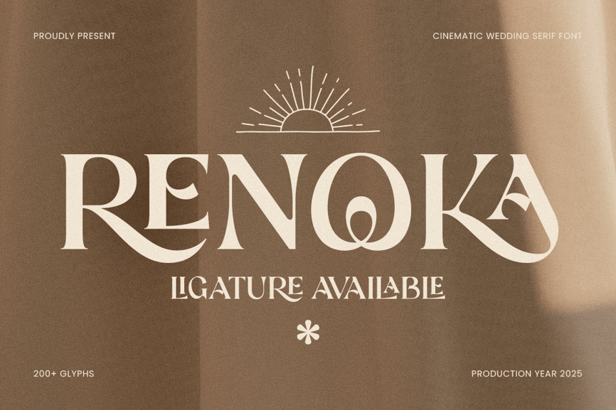 Renoka cinematic wedding display serif font presentation banner featuring cream-colored luxury typography with a minimalist sunburst icon on a grainy, warm brown background.