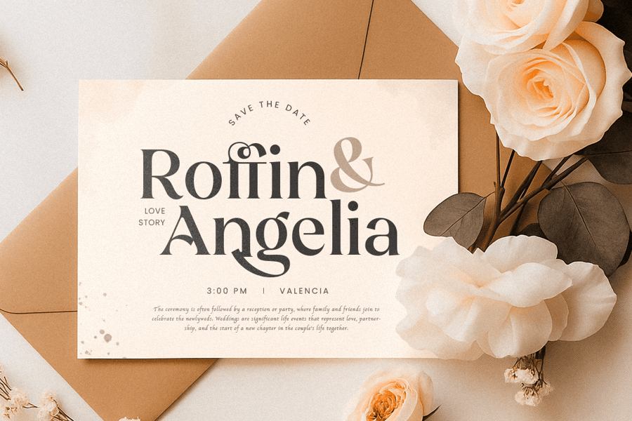 Elegant Save the Date wedding invitation card mockup for Roffin and Angelia, showcasing stylish high-contrast serif typography styled alongside a kraft paper envelope and soft white roses.