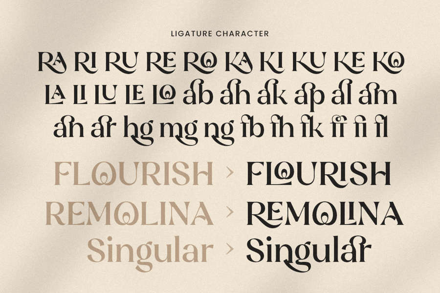 Typographic glyph sheet showcasing Renoka font ligature characters, decorative letter loops, and stylistic word variations on a textured neutral background.