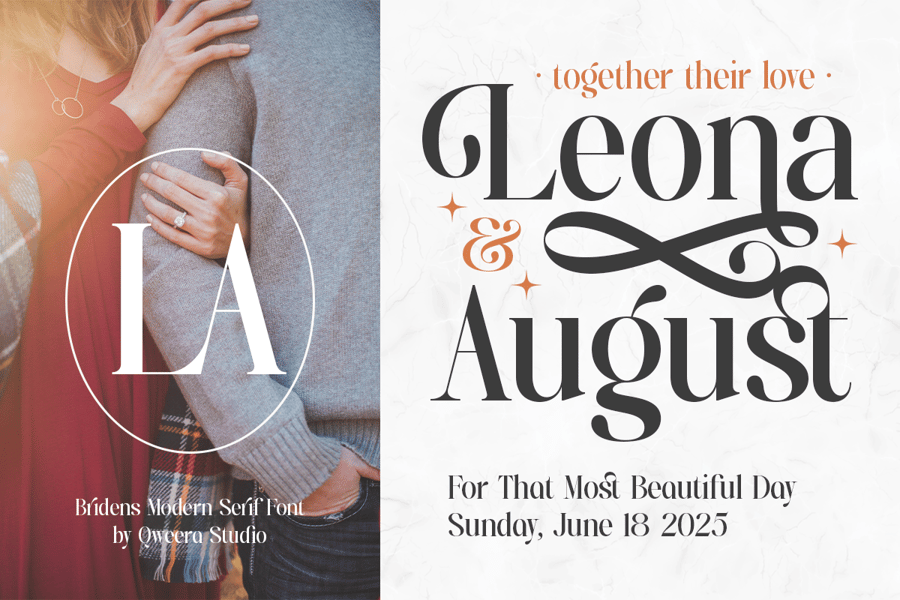 Split layout banner featuring an romantic couple mockup on the left and elegant wedding invitation typography for Leona and August on the right, created with the Bridens modern serif font.