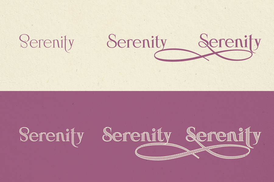 Split preview panel showcasing elegant stylistic swash alternates for the word "Serenity" in the Noble Serenity font, displaying both the solid magenta and textured engraved cream styles with decorative calligraphy loops.