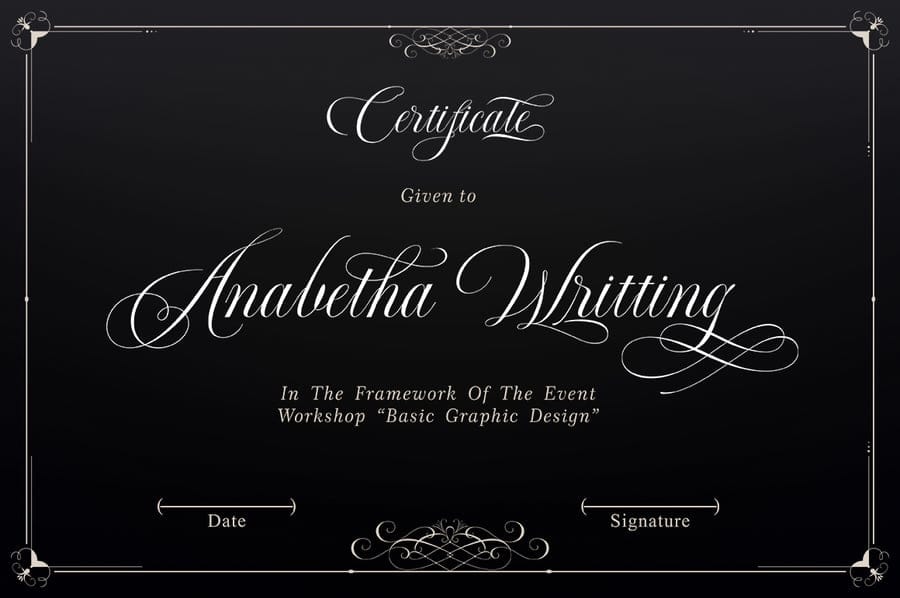 Formal calligraphy script font used on an elegant certificate template