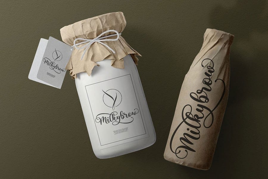 Elegant calligraphy script font "Milkybrow" used in minimalist product packaging