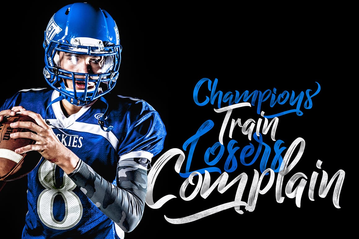 Bold brush script font used in sports-themed poster design with football player