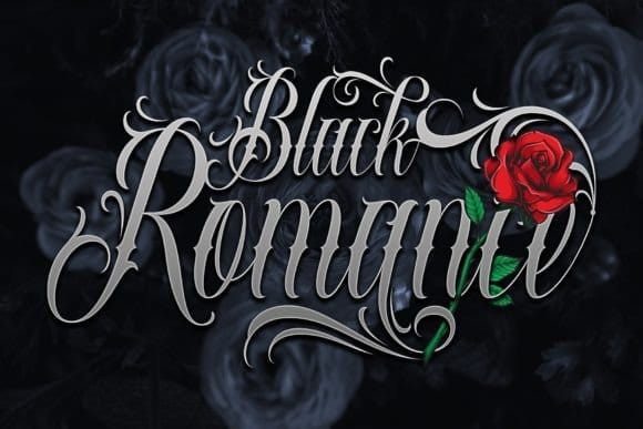 Blackletter script font "Black Romance" with gothic tattoo-style lettering and rose illustration