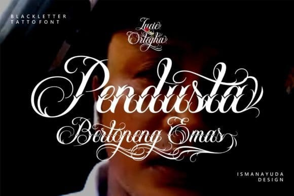 Ornate blackletter tattoo-style script font with decorative swash flourishes
