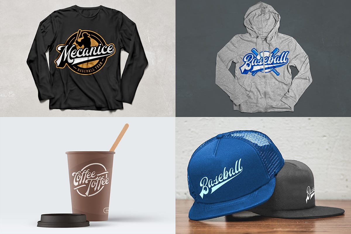 Bold retro script fonts used in baseball team branding on apparel, caps, and cups