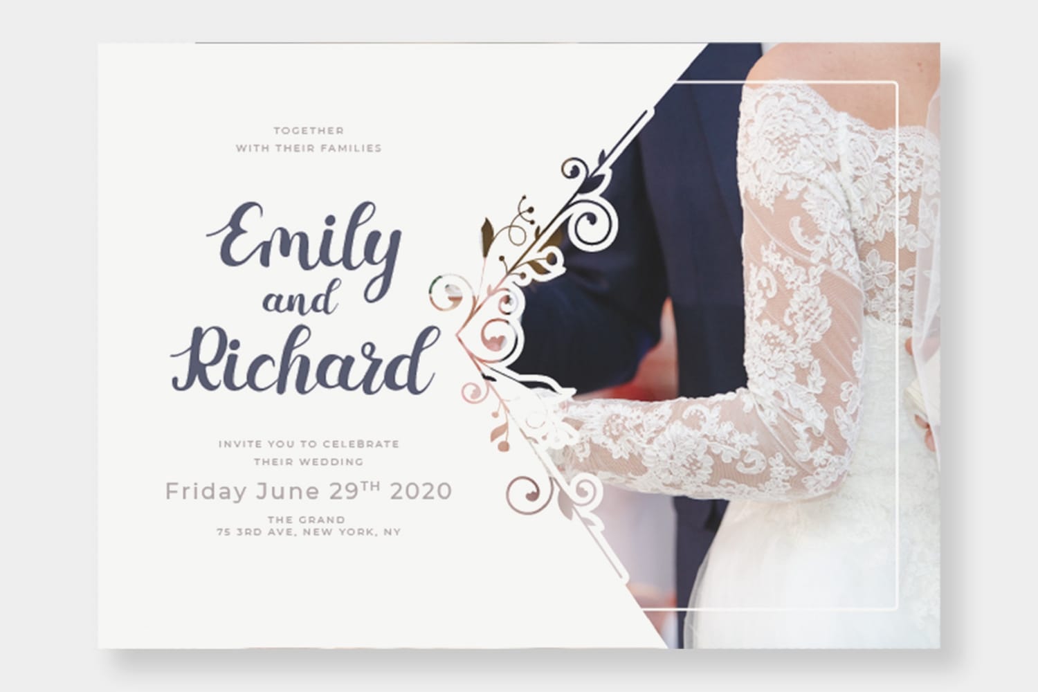 Casual script font pairing bride and groom names on a modern wedding invitation design