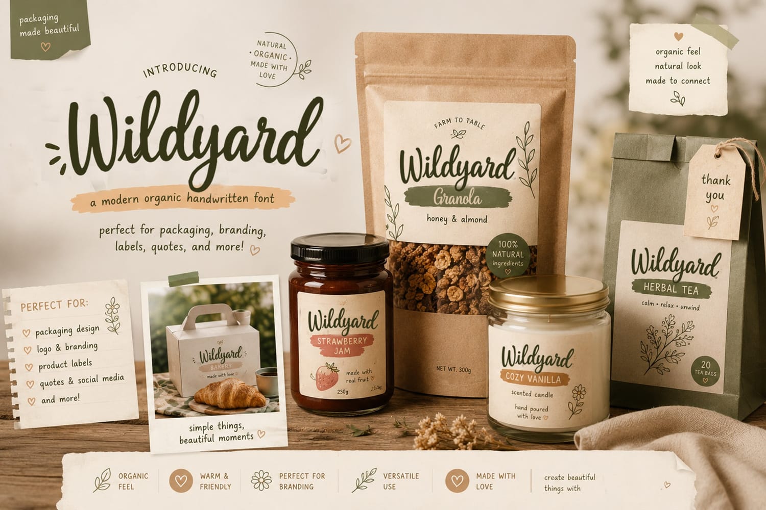 Casual handwritten script font "Wildyard" used on jam, granola, and tea packaging labels